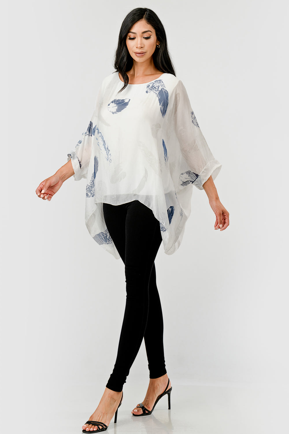 Raw Moda Italian Silky Feathered Pattern Top – close-up of feather print texture