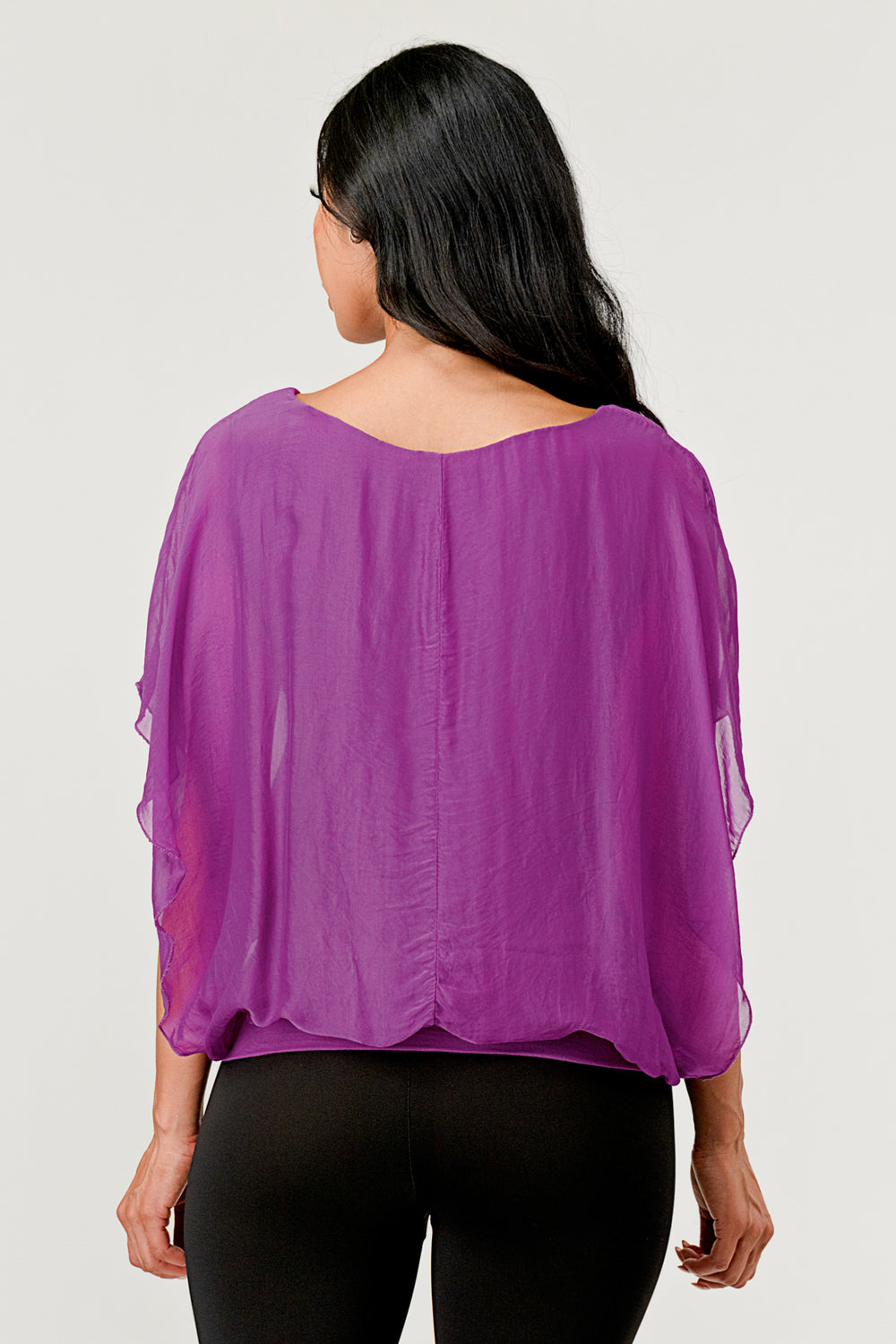 Solid Silk Banded Bottom Top – back view showing banded hem