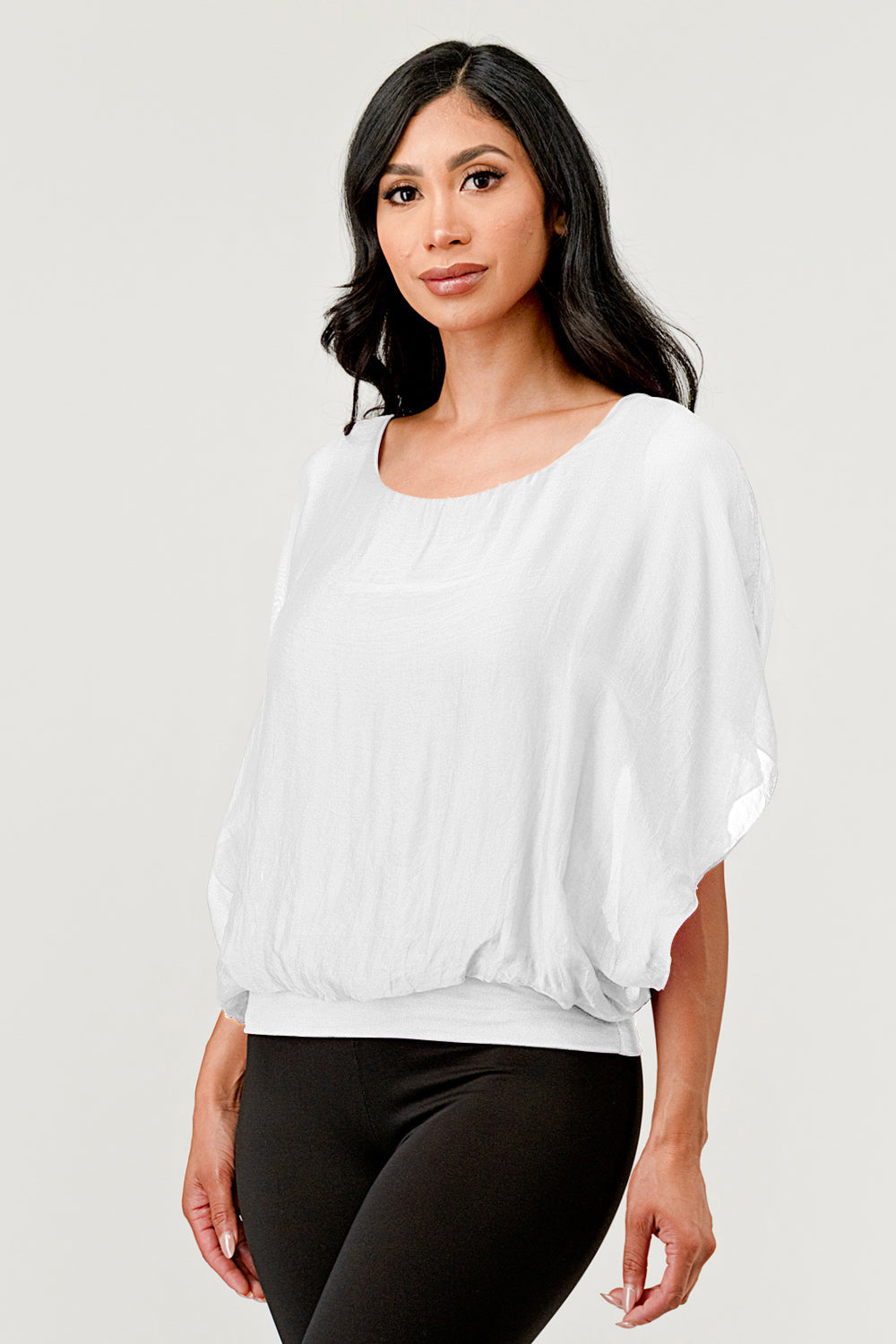 Solid Silk Banded Bottom Top – close-up of silk fabric and stitching