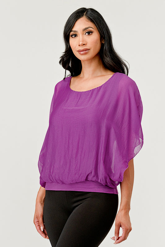 Solid Silk Banded Bottom Top – front view on model