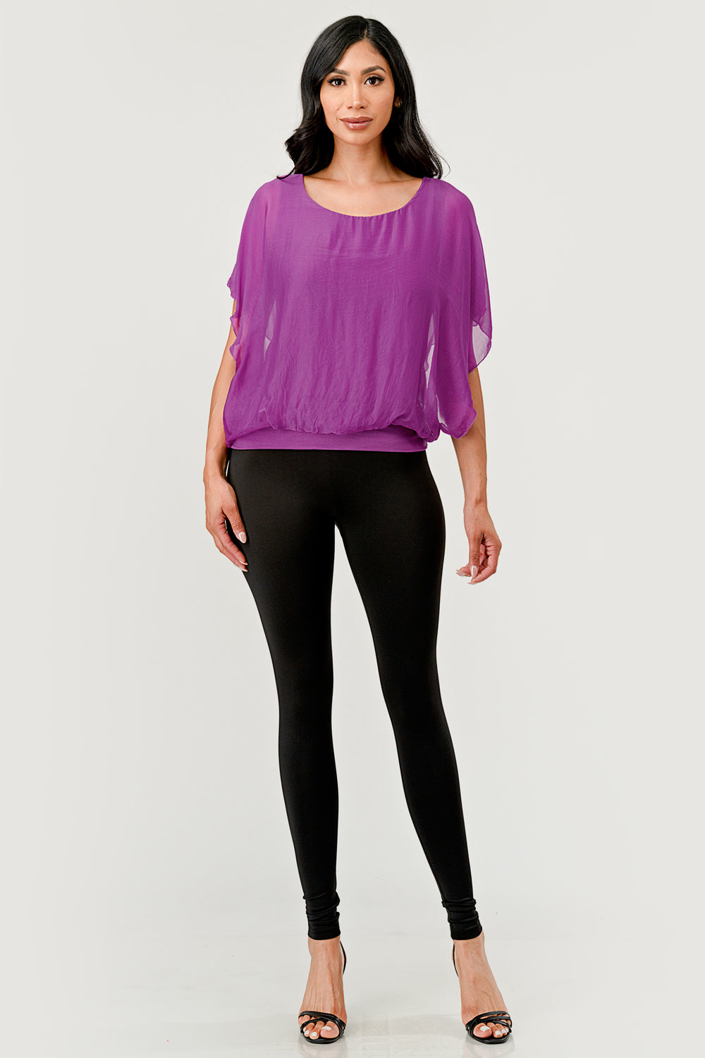 Solid Silk Banded Bottom Top – styled with trousers and heels