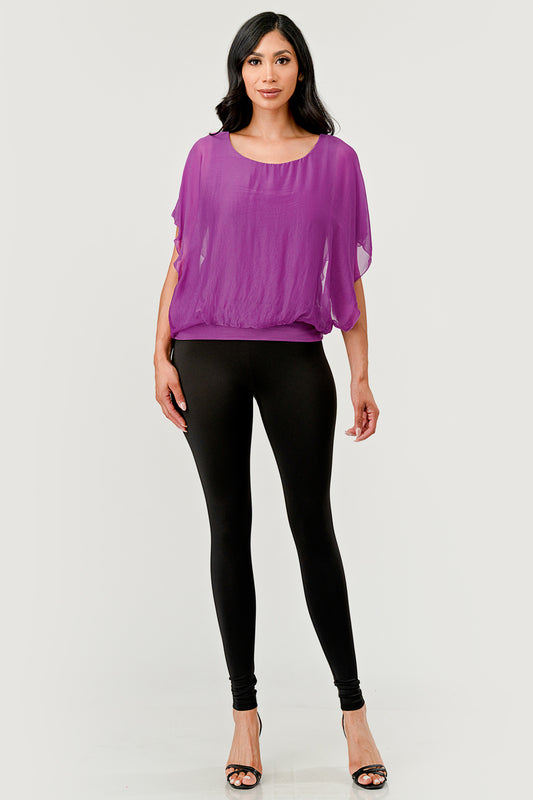 Solid Silk Banded Bottom Top – styled with trousers and heels