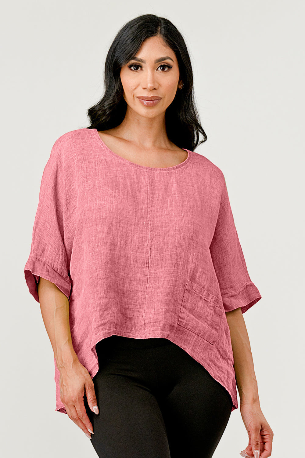 V Back Italian Linen Top with Pocket – close-up of linen fabric and pocket detail