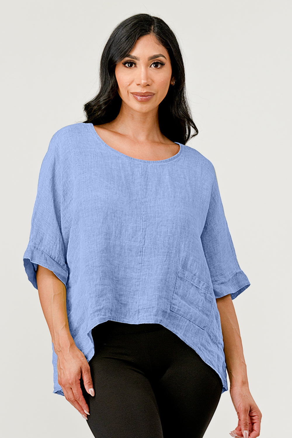 V Back Italian Linen Top with Pocket – front view on model