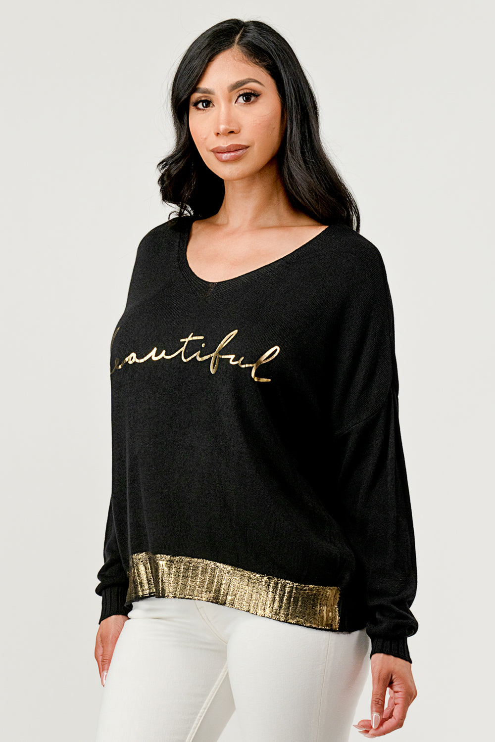V Neck Beautiful Modal Sweater – close-up of modal fabric and V neckline