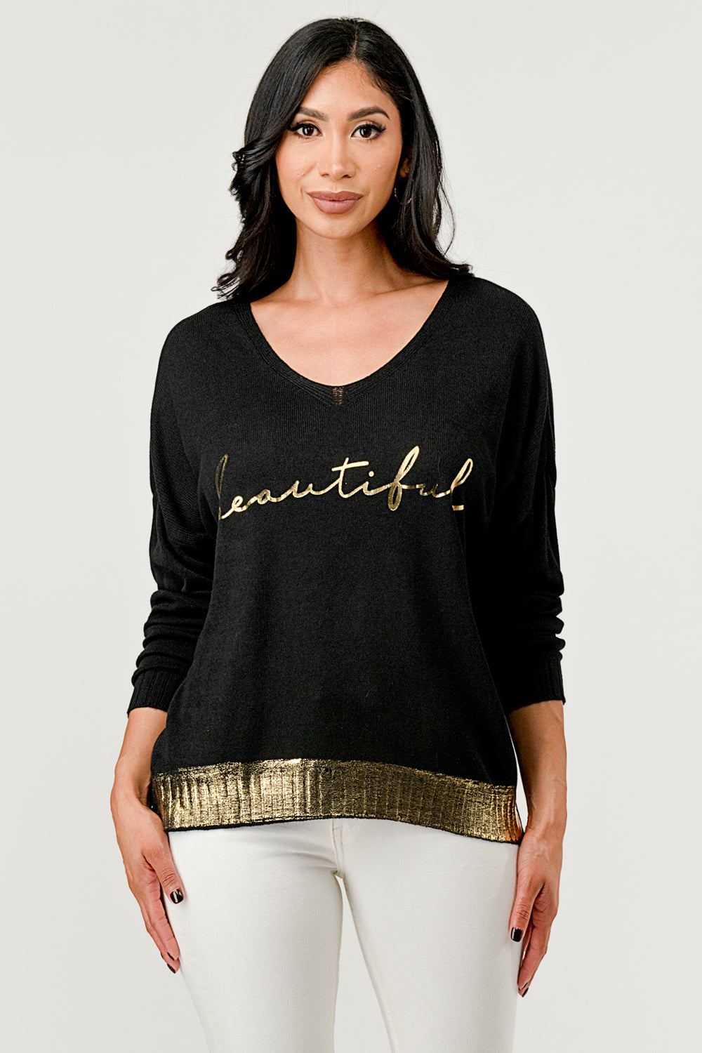 V Neck Beautiful Modal Sweater – front view on model