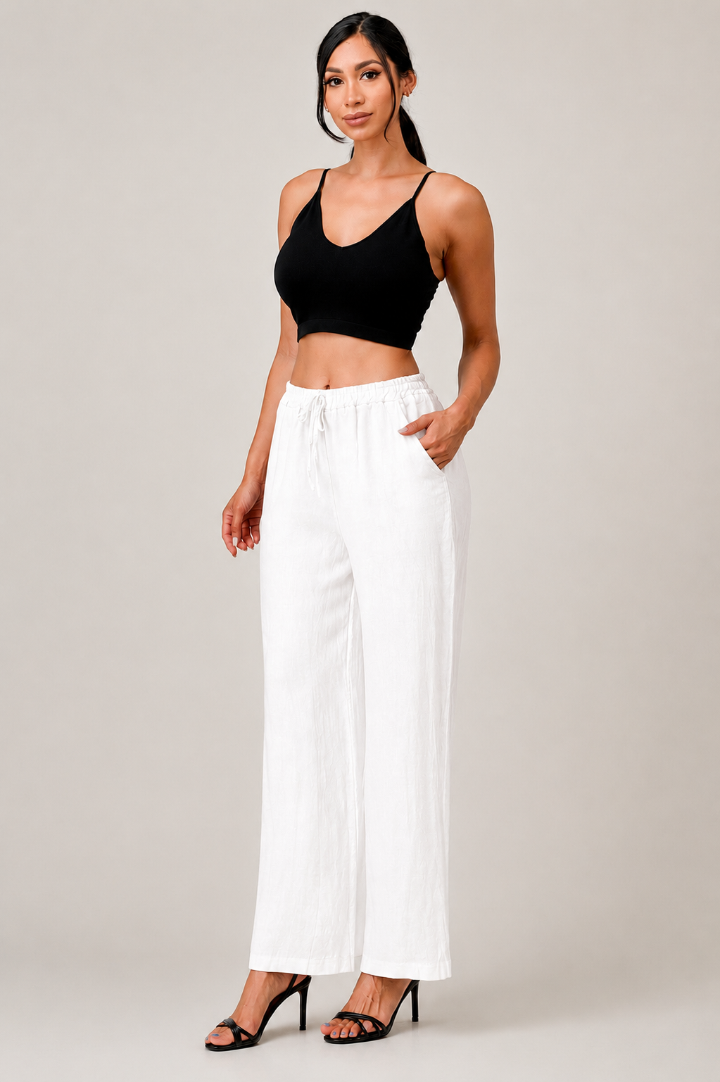 Elastic Waist Linen Pants w Pockets