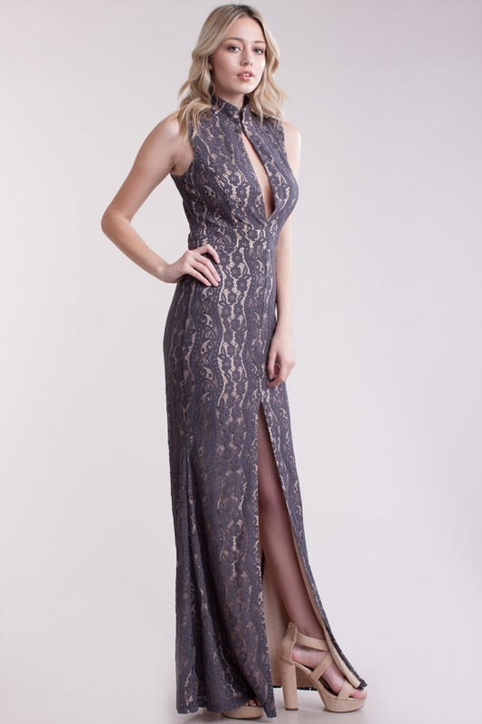 Nude Gray Maxi Lace Dress Raw Moda Dress Raw Moda Small