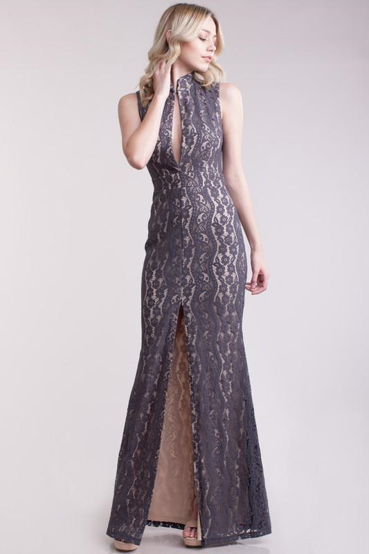Nude Gray Maxi Lace Dress Raw Moda Dress Raw Moda