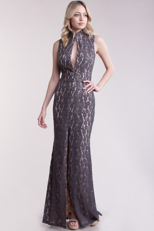 Nude Gray Maxi Lace Dress Raw Moda Dress Raw Moda
