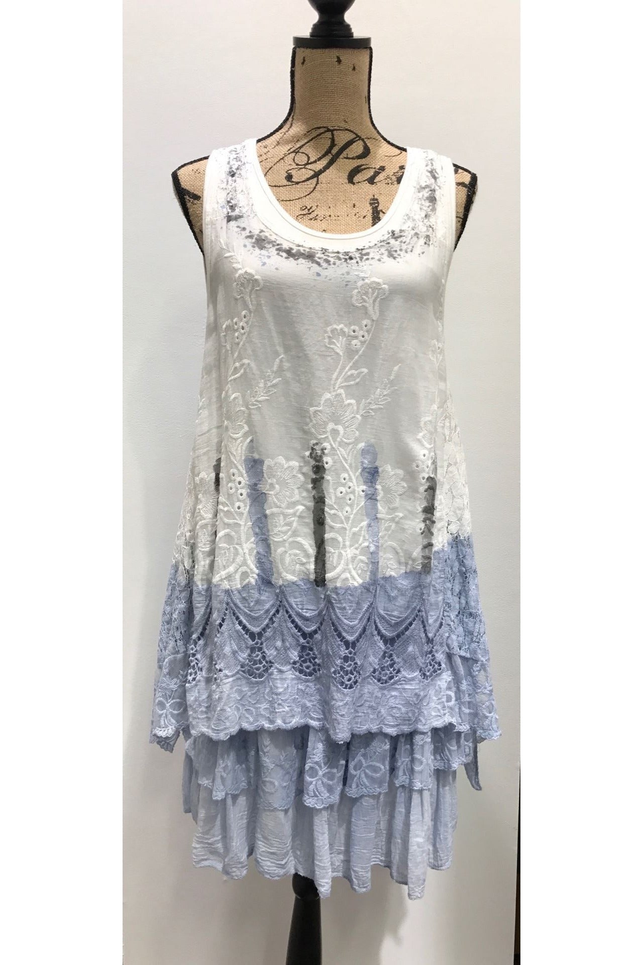 Raw Moda Italian Adriatico Sleeveless Lace Layered Dress Top Tunic Dress Raw Moda one size Light Blue