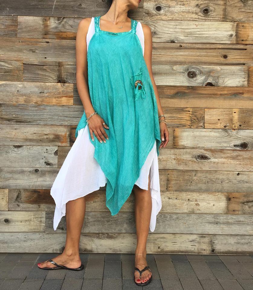 Italian Two Pieces Long Cotton Raw Moda Dress Dress Raw Moda One Size Turquoise