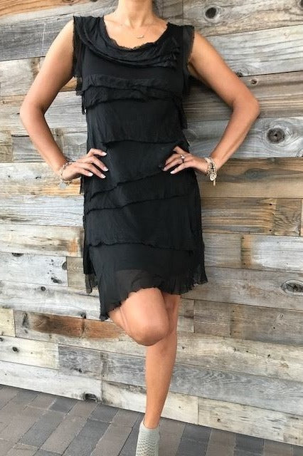 Sleeveless Raw Moda Ruffle Silky Dress Dress Raw Moda One Size Black