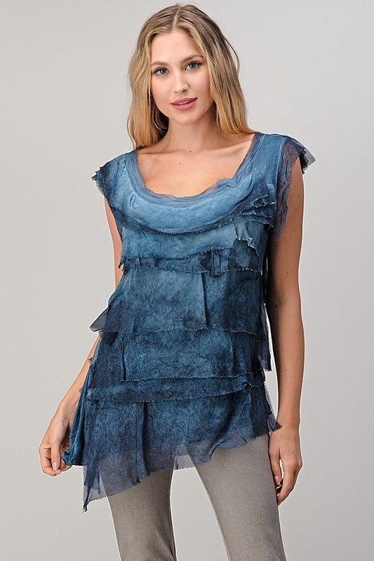 Sleeveless Italian Silk Ruffle Top Top Raw Moda