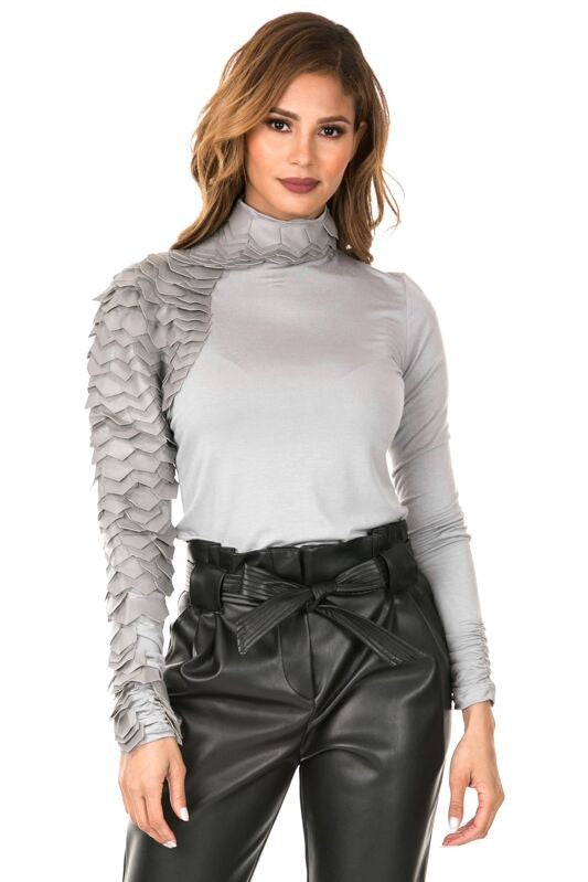Leather Patch Shoulder Raw Moda Long Sleeves Top Top Raw Moda