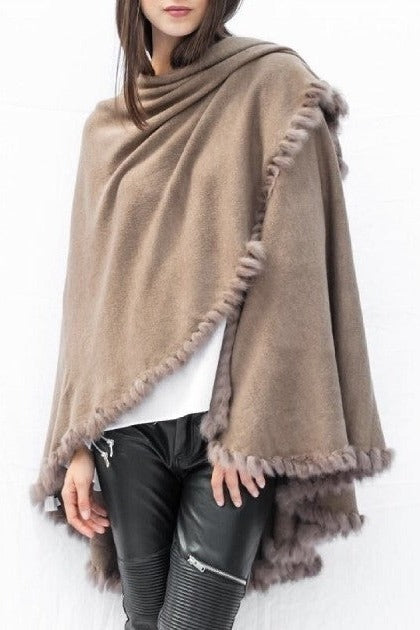 Open Front Raw Moda Shawl With Fur Trim Pancho Raw Moda One Size Taupe