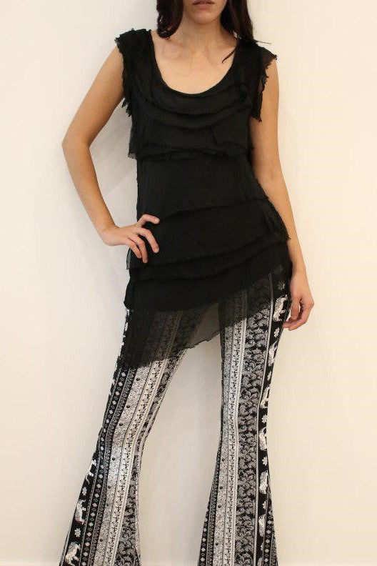 Sleeveless Italian Silk Ruffle Top Top Raw Moda One Size Black