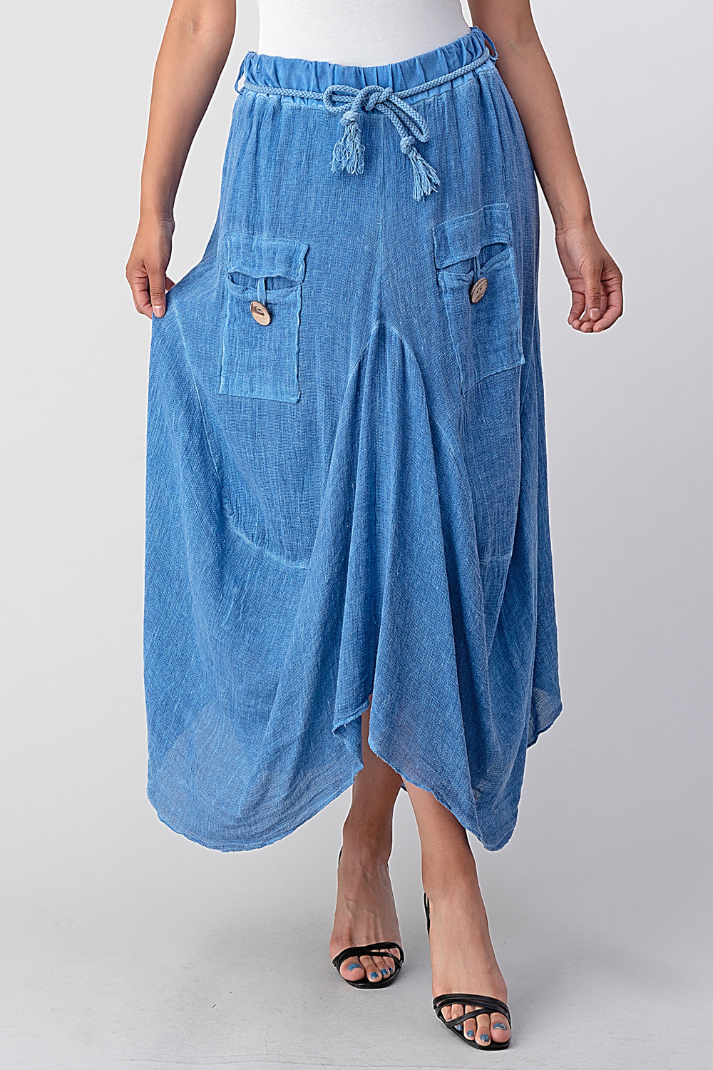 Italian Linen Button Pockets Skirt Skirt Raw Moda One Size Blue