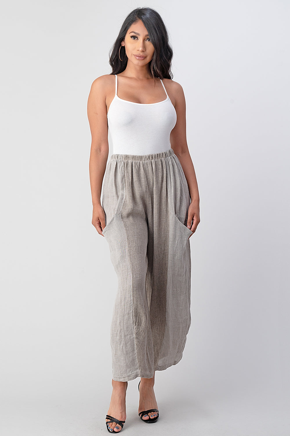 Straight Cotton Linen Pants With Pockets Bottom Raw Moda