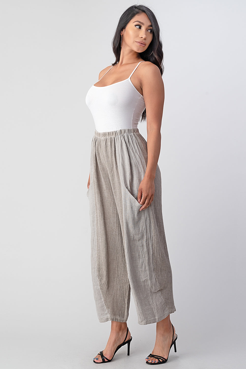 Straight Cotton Linen Pants With Pockets Bottom Raw Moda