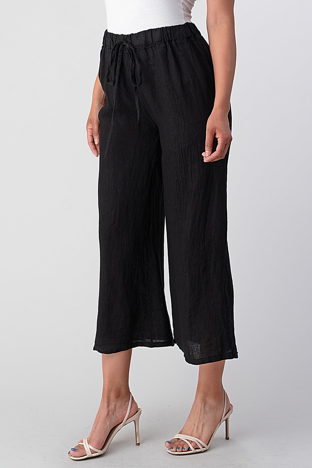 Italian Linen Tie Bottom Pants Pants Raw Moda One Size Black