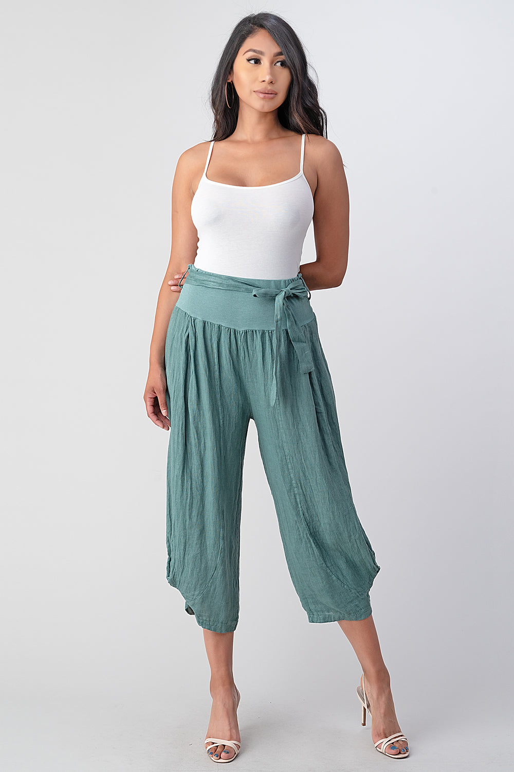 Raw Moda Puro Short Linen Pants With Belt Bottom Raw Moda