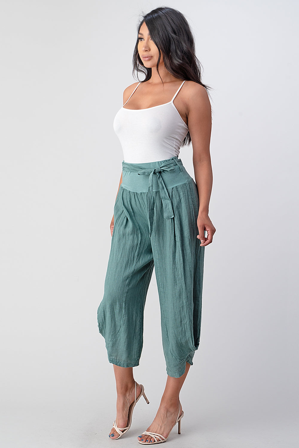 Raw Moda Puro Short Linen Pants With Belt Bottom Raw Moda