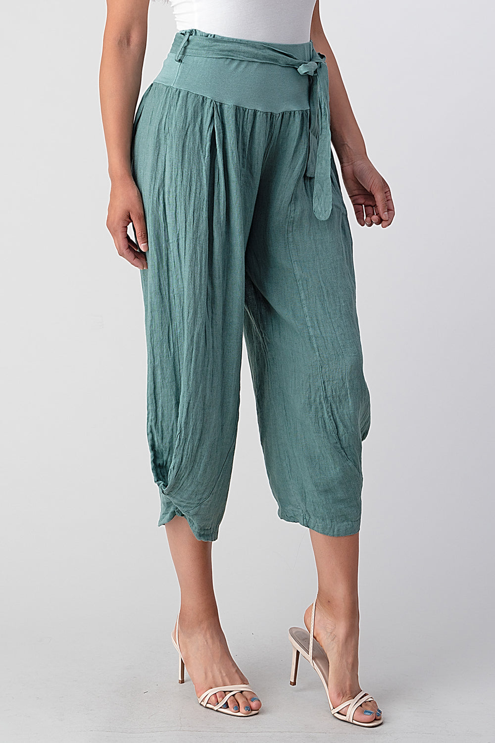 Raw Moda Puro Short Linen Pants With Belt Bottom Raw Moda