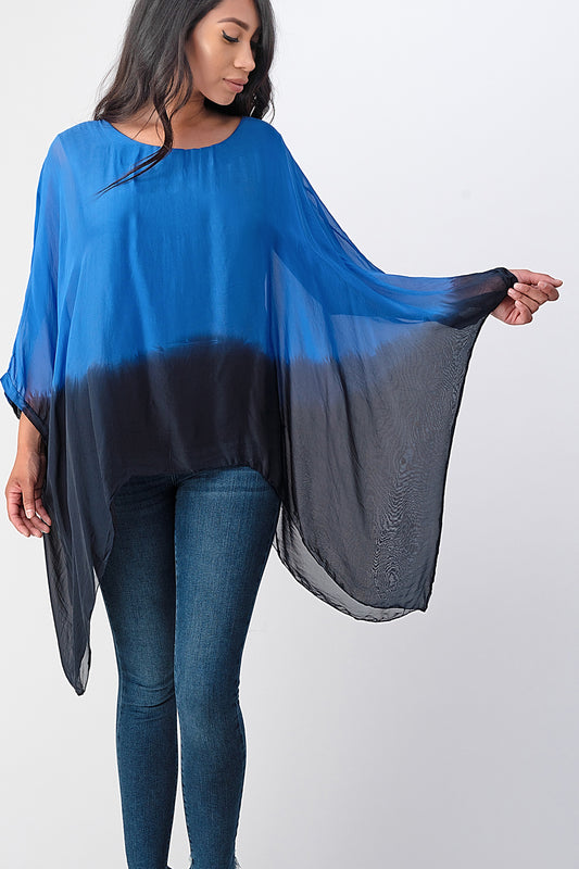 Long Italian Tie Dye Silk Top Top Raw Moda One Size Royal Blue