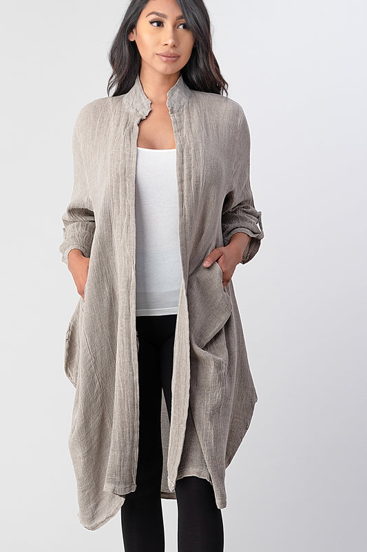 Long italian Linen Jacket With Back Belt Top Raw Moda