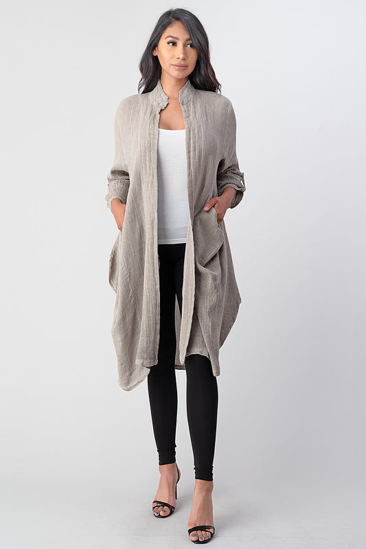 Long italian Linen Jacket With Back Belt Top Raw Moda One Size Taupe