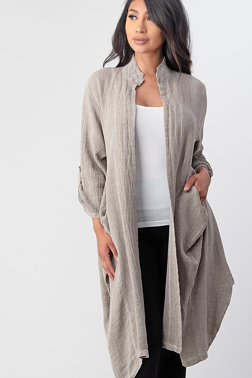 Long italian Linen Jacket With Back Belt Top Raw Moda