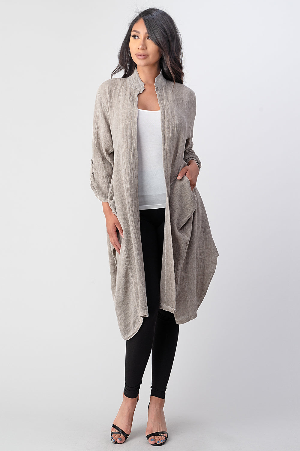Long italian Linen Jacket With Back Belt Top Raw Moda