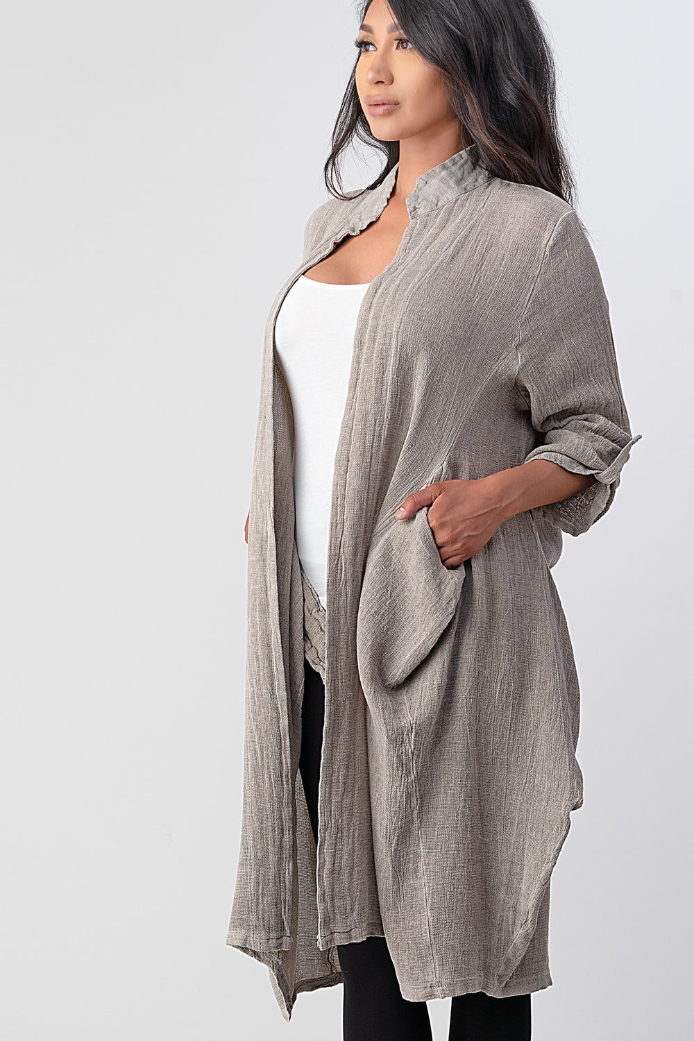 Long italian Linen Jacket With Back Belt Top Raw Moda