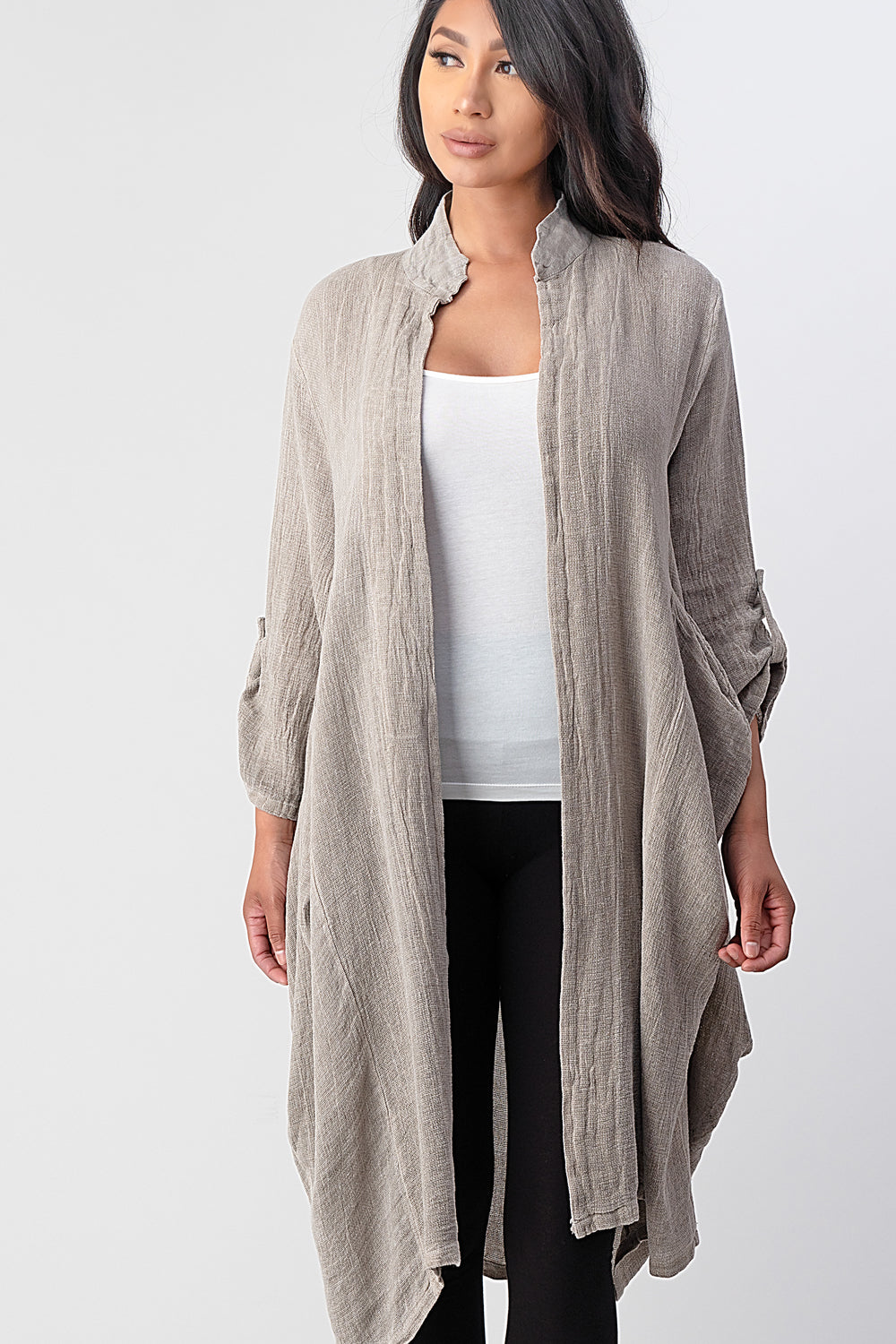 Long italian Linen Jacket With Back Belt Top Raw Moda