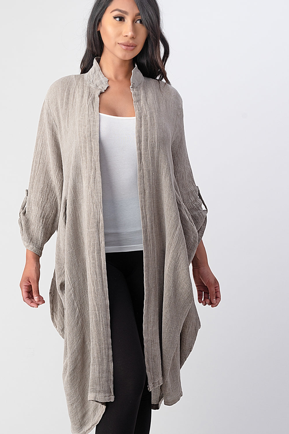 Long italian Linen Jacket With Back Belt Top Raw Moda
