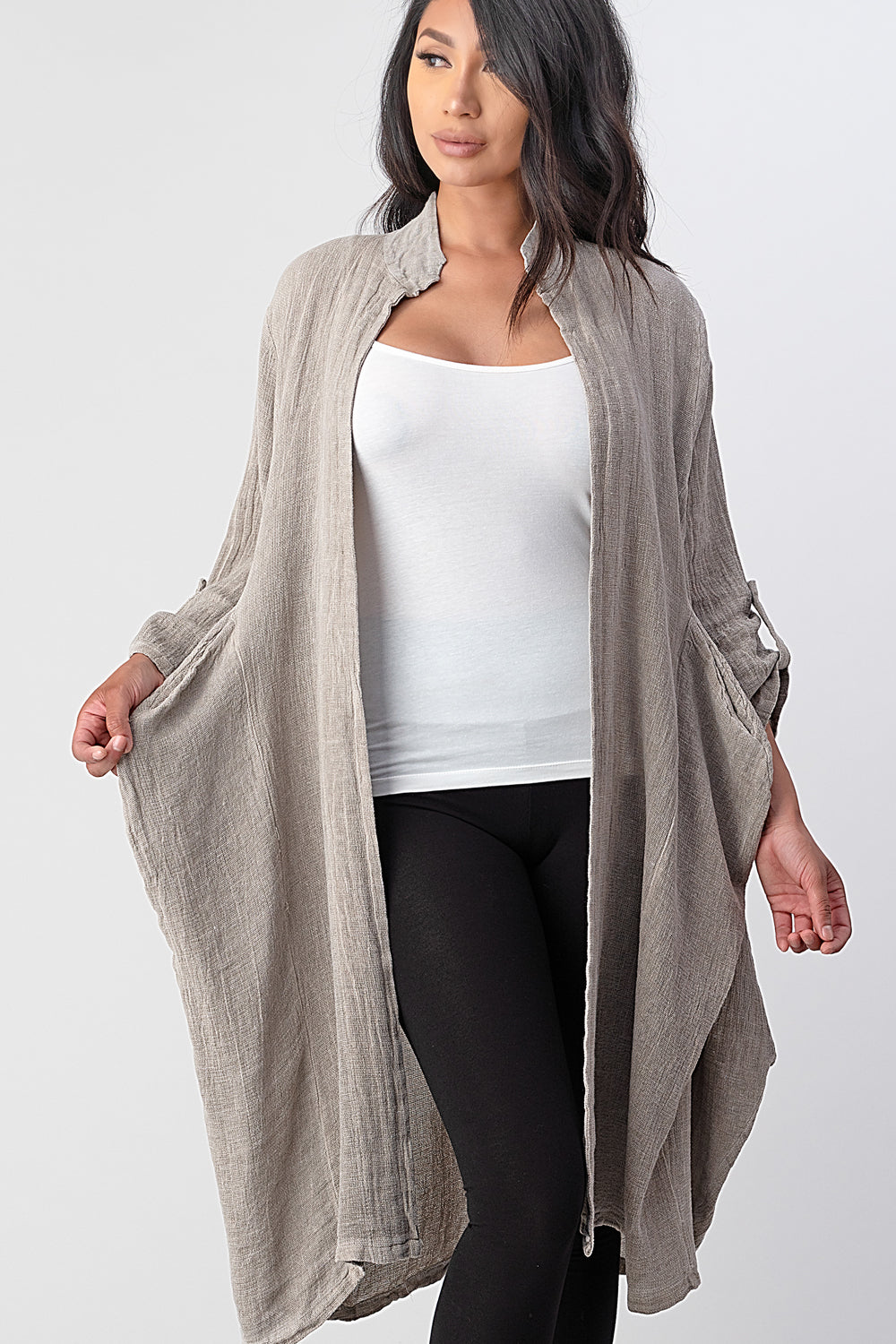 Long italian Linen Jacket With Back Belt Top Raw Moda