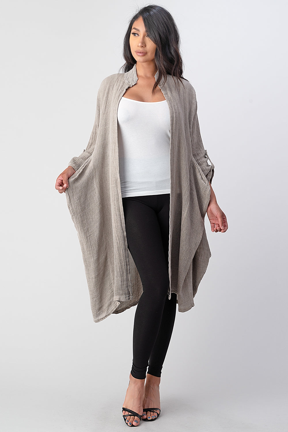 Long italian Linen Jacket With Back Belt Top Raw Moda