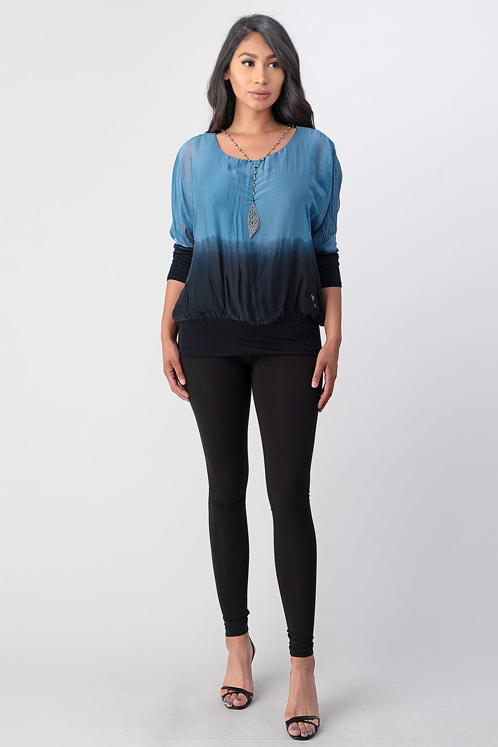 Tie Dye Italian Silk Elastic Sleeves Top Top Raw Moda One Size Denim Blue