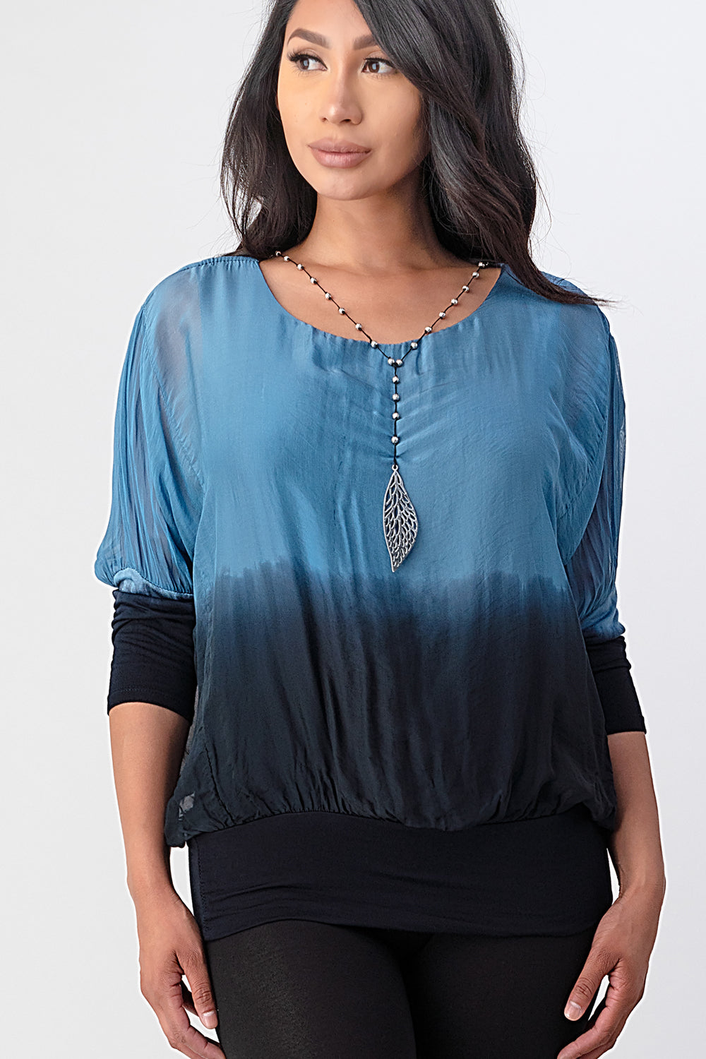 Tie Dye Italian Silk Elastic Sleeves Top Top Raw Moda