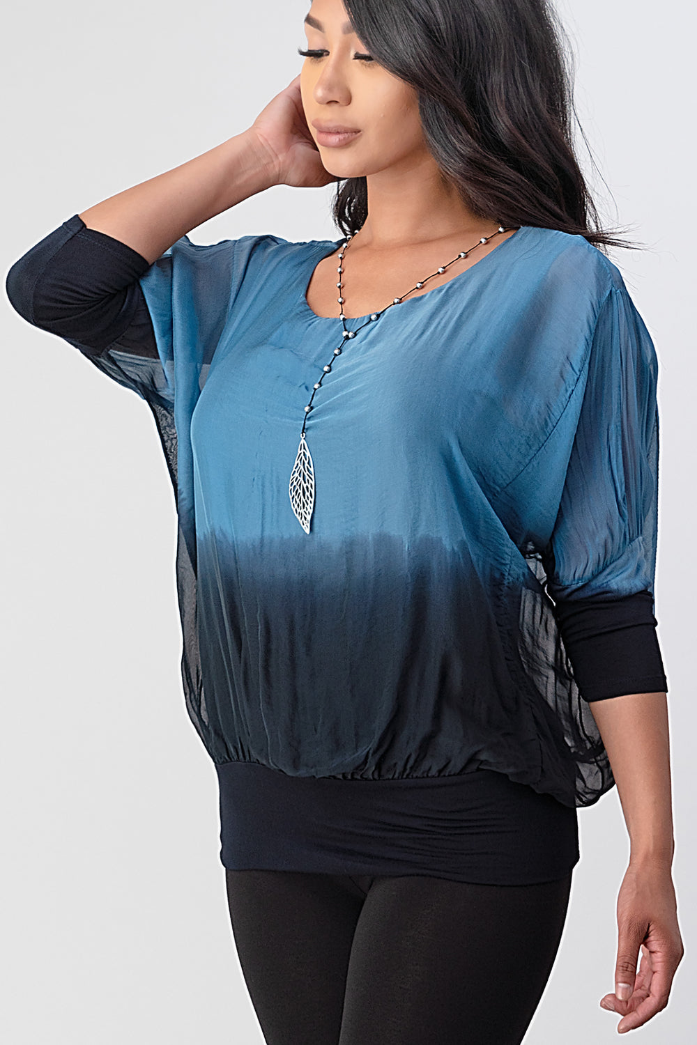 Tie Dye Italian Silk Elastic Sleeves Top Top Raw Moda