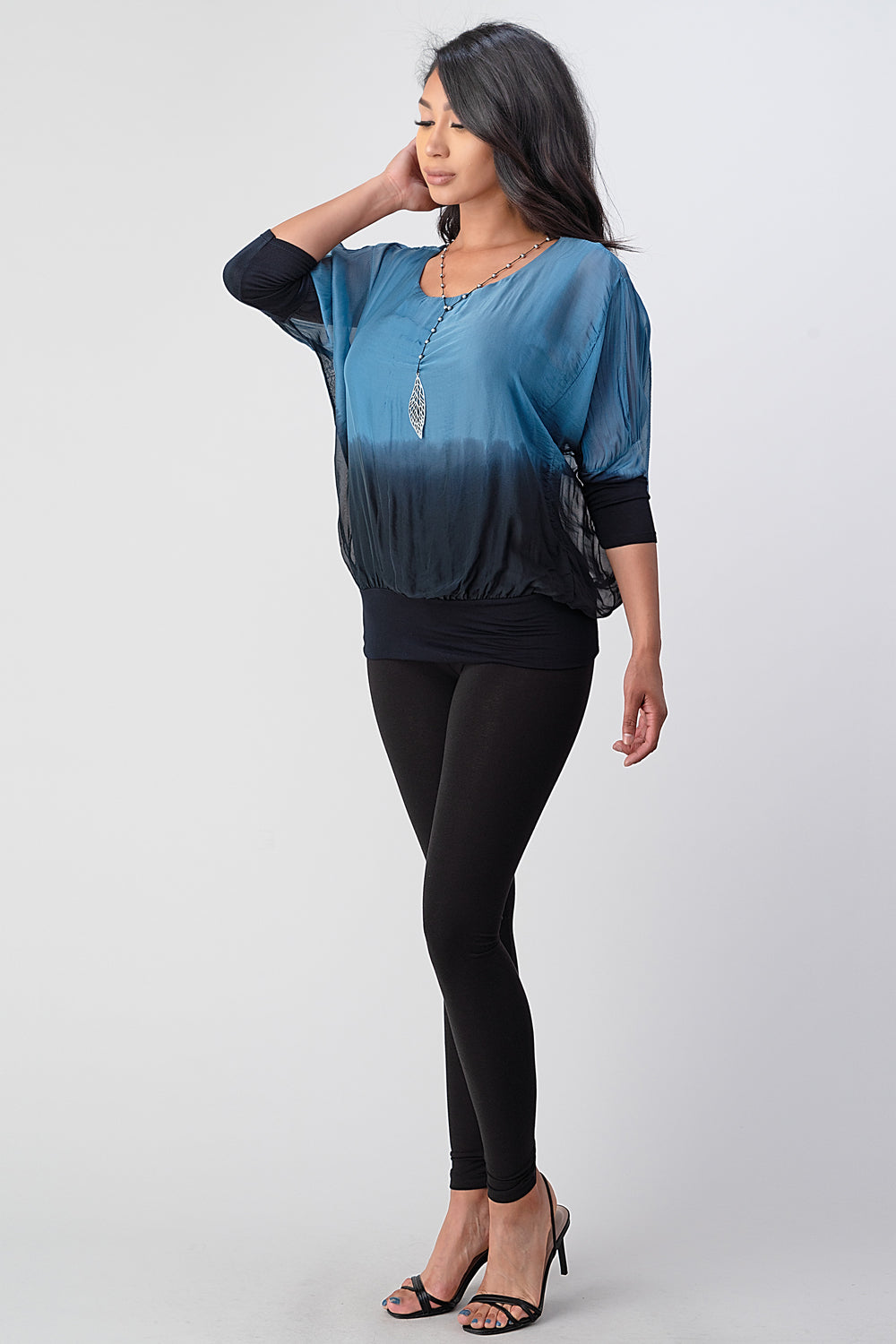 Tie Dye Italian Silk Elastic Sleeves Top Top Raw Moda
