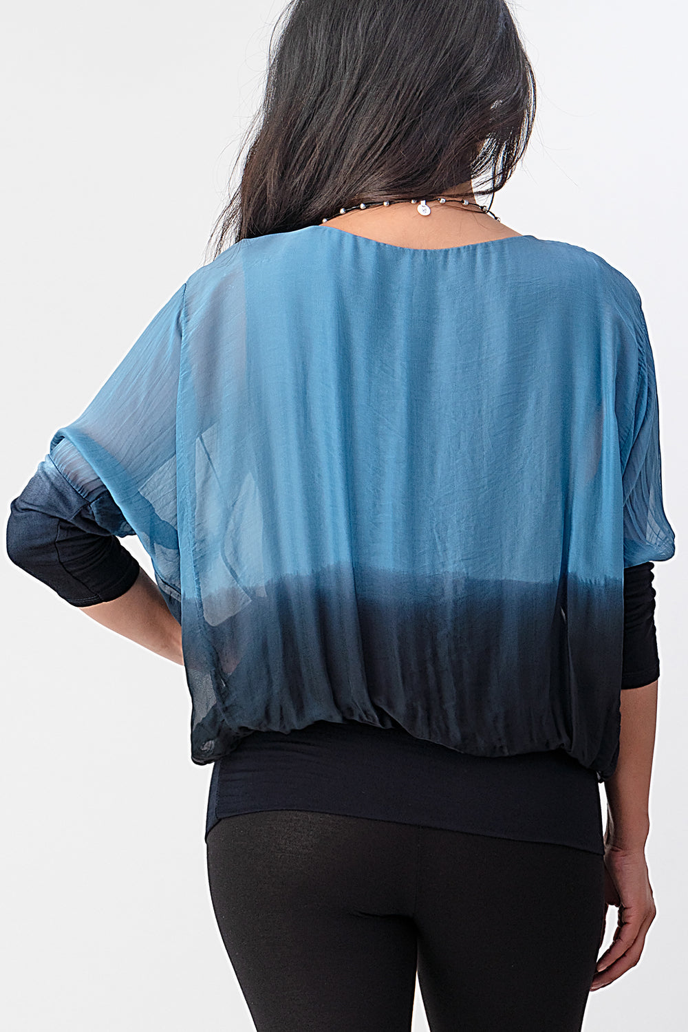 Tie Dye Italian Silk Elastic Sleeves Top Top Raw Moda