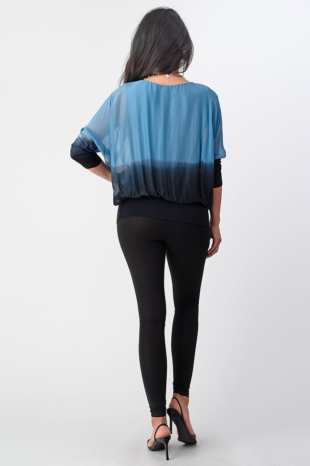 Tie Dye Italian Silk Elastic Sleeves Top Top Raw Moda