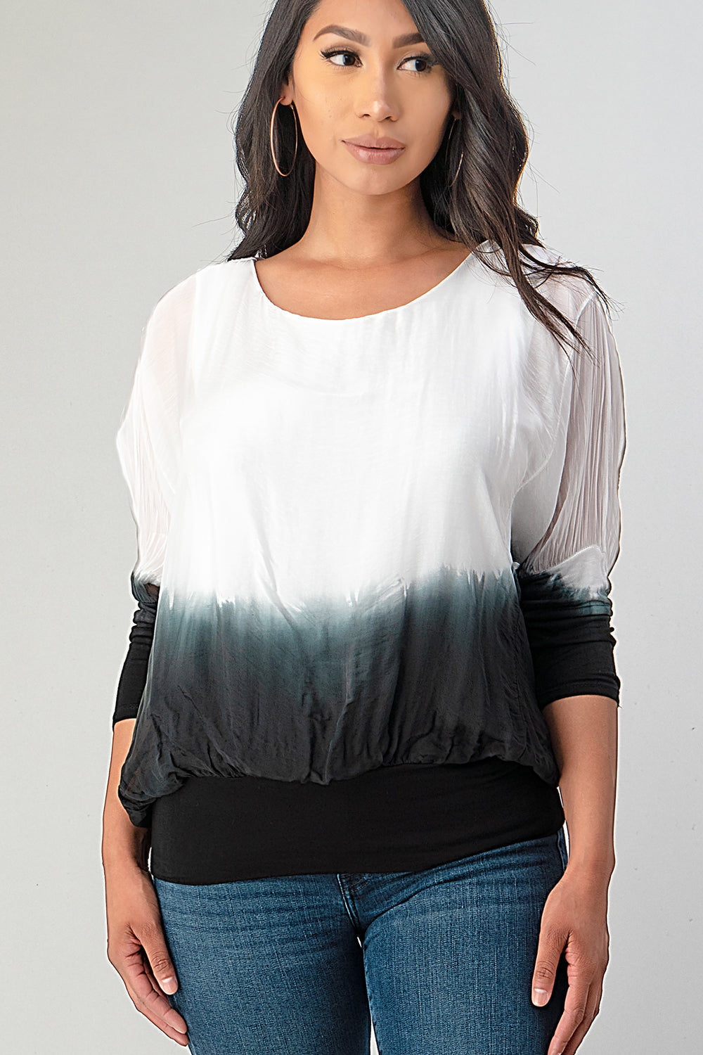 Tie Dye Italian Silk Elastic Sleeves Top Top Raw Moda
