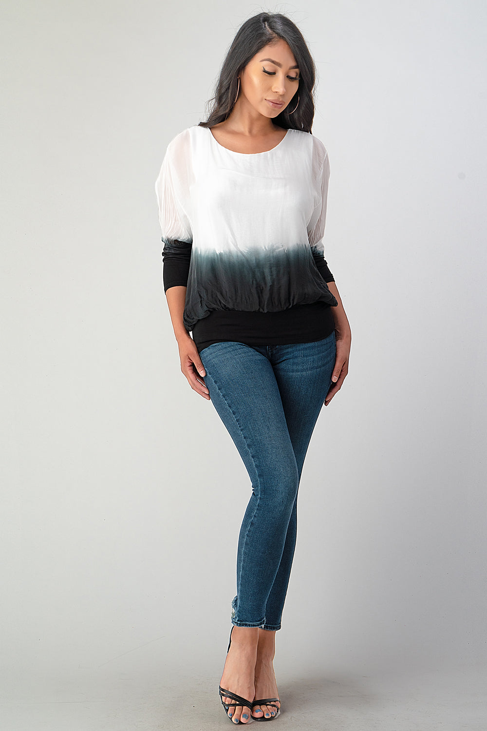 Tie Dye Italian Silk Elastic Sleeves Top Top Raw Moda