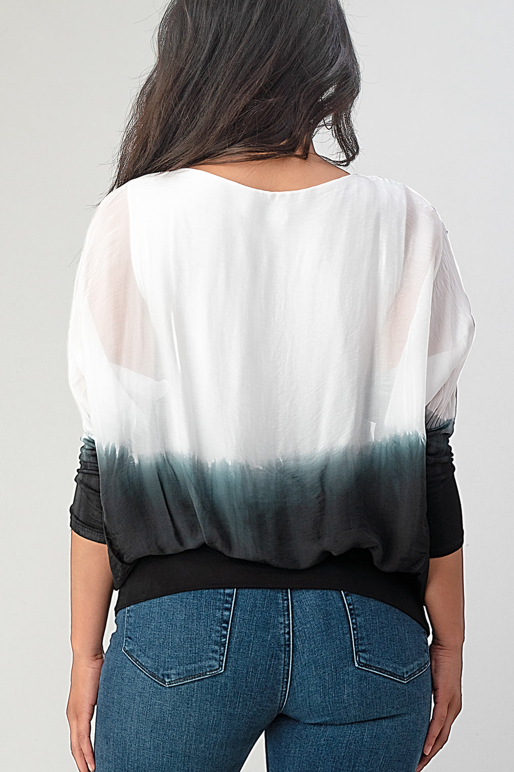 Tie Dye Italian Silk Elastic Sleeves Top Top Raw Moda