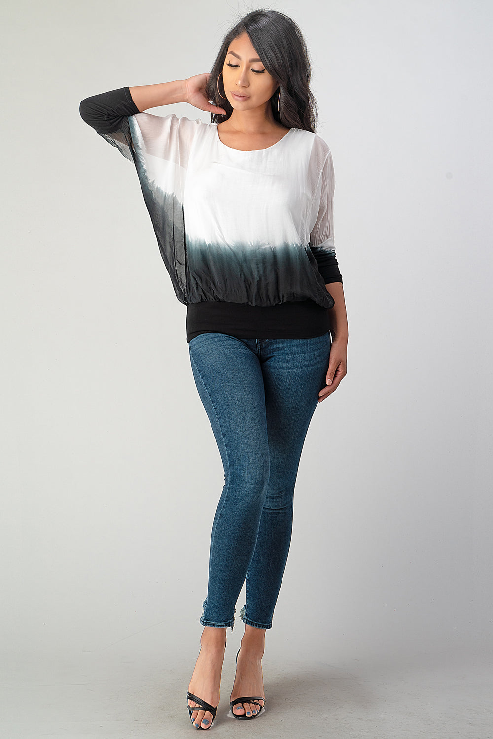 Tie Dye Italian Silk Elastic Sleeves Top Top Raw Moda