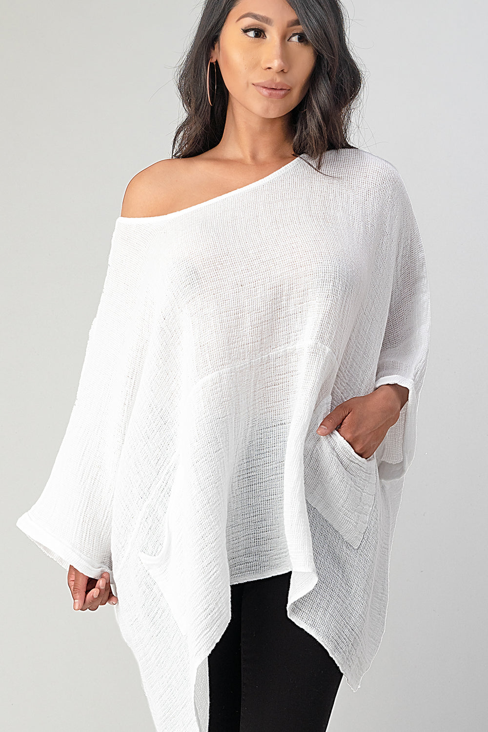 Big Cut Glora Linen Tunic With Front Pockets Top Raw Moda White One Size