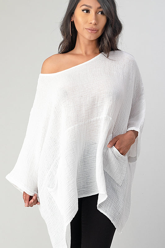Big Cut Glora Linen Tunic With Front Pockets Top Raw Moda White One Size